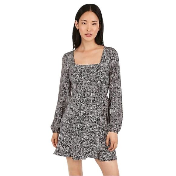 Express Black White Dot Square Neck Long Sleeve Ruffle Wrap Dress Size Small - Picture 1 of 7